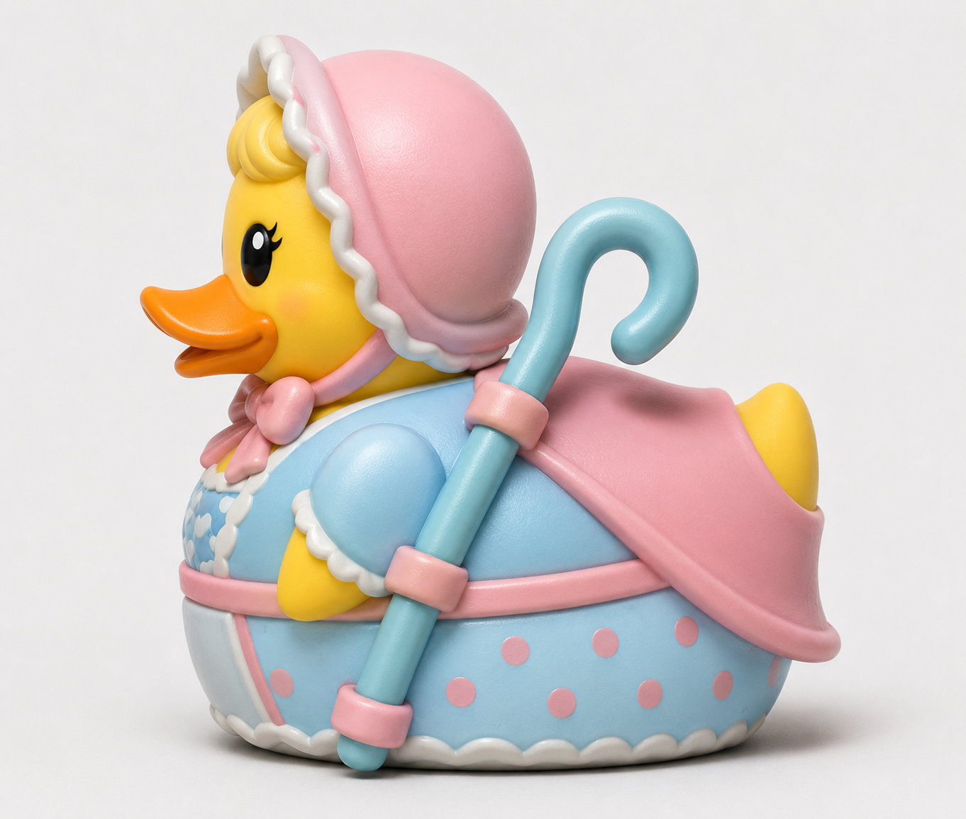 Bo Peep Duck 3D printed figure side view showing pink polka dot dress and blue crook