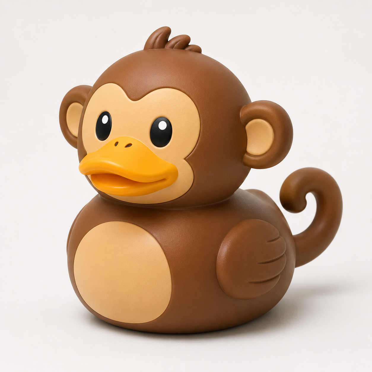 3D printed monkey duck with brown body, cream face and belly, curly tail, and orange duck bill