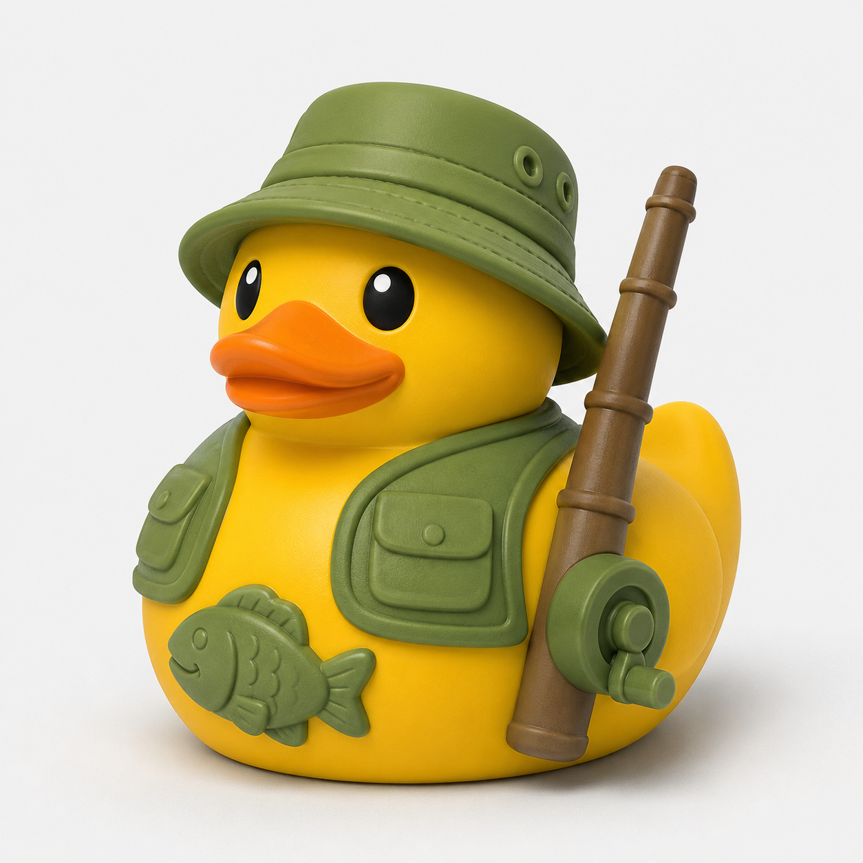 3D printed fisherman duck with green bucket hat, fishing vest, and fishing rod
