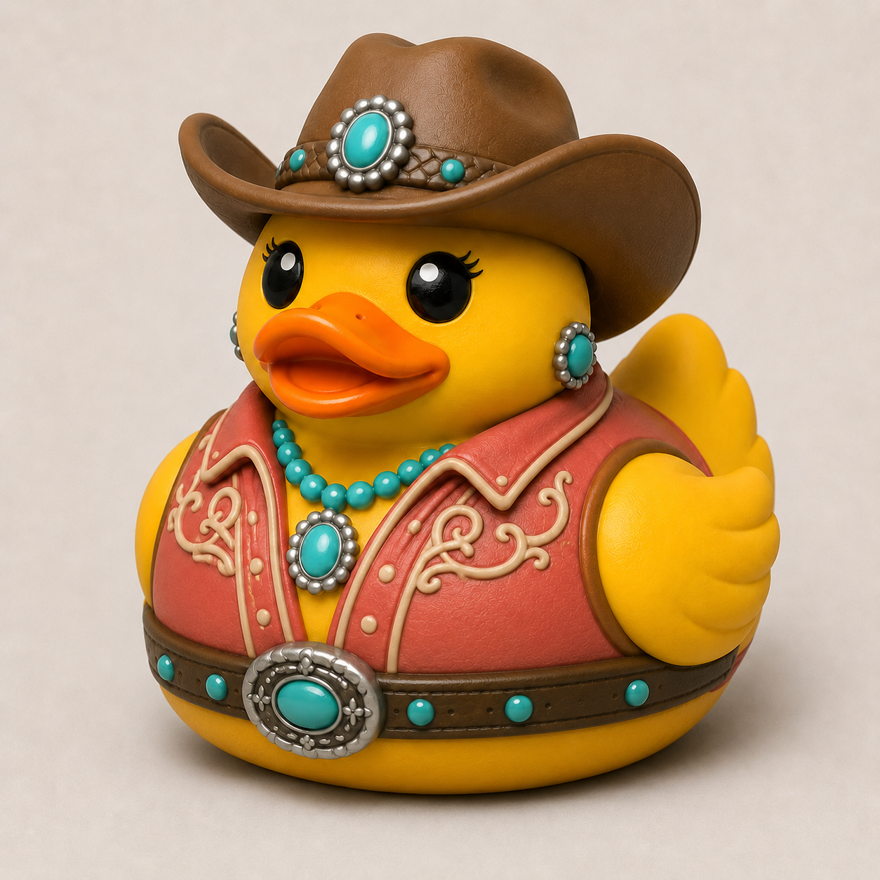 3D printed cowgirl duck with brown cowboy hat, turquoise jewelry, and red western shirt