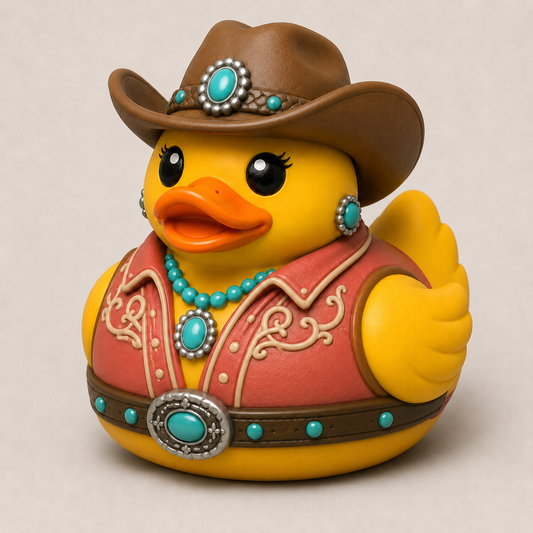 3D printed cowgirl duck with brown cowboy hat, turquoise jewelry, and red western shirt