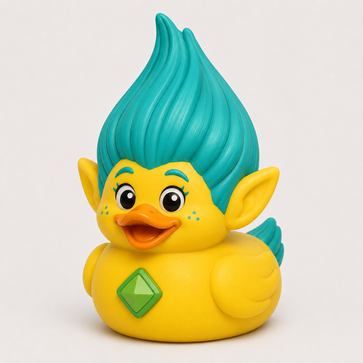 3D printed troll duck with teal hair, pointy ears, and green gem emblem