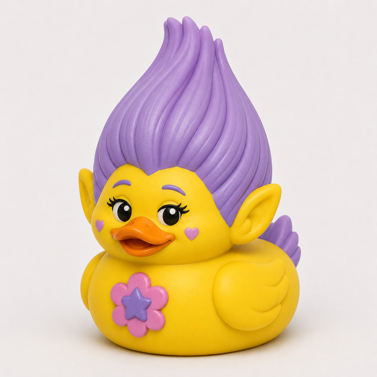 3D printed troll duck with purple hair, pointy ears, and pink flower emblem