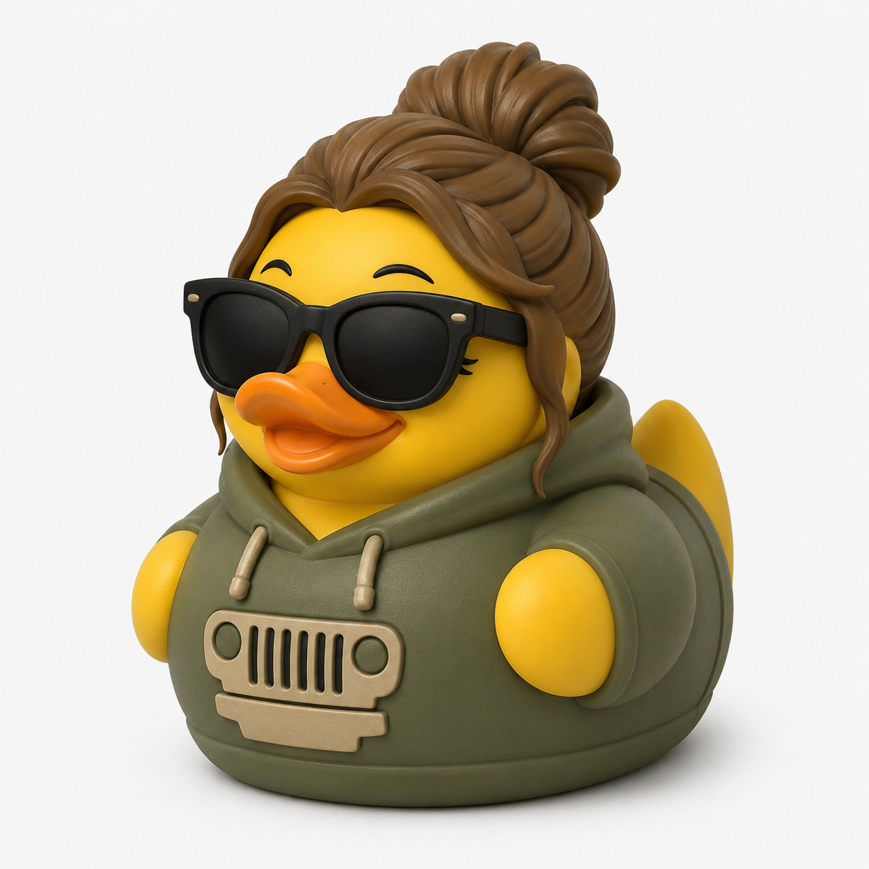 3D printed Jeep Girl Duck with messy bun, sunglasses, and Jeep grill hoodie
