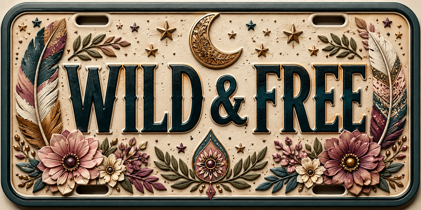 Wild and Free boho license plate with feathers, flowers and crescent moon