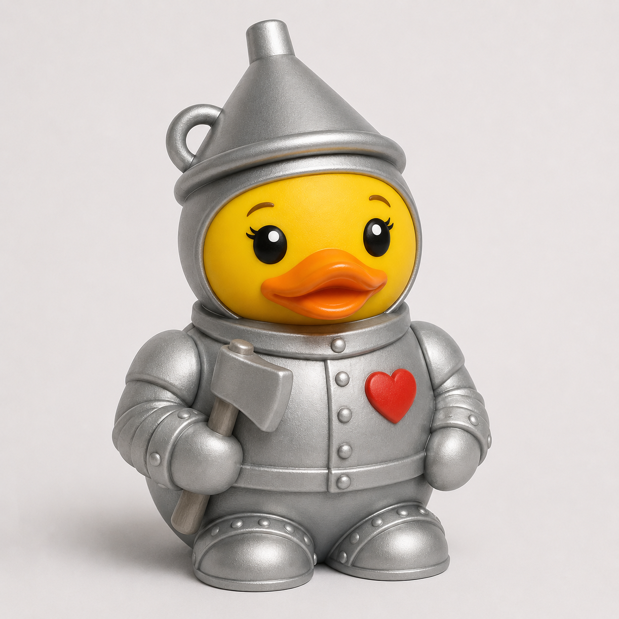 Tin Man Jeep Duck in silver armor with red heart and axe
