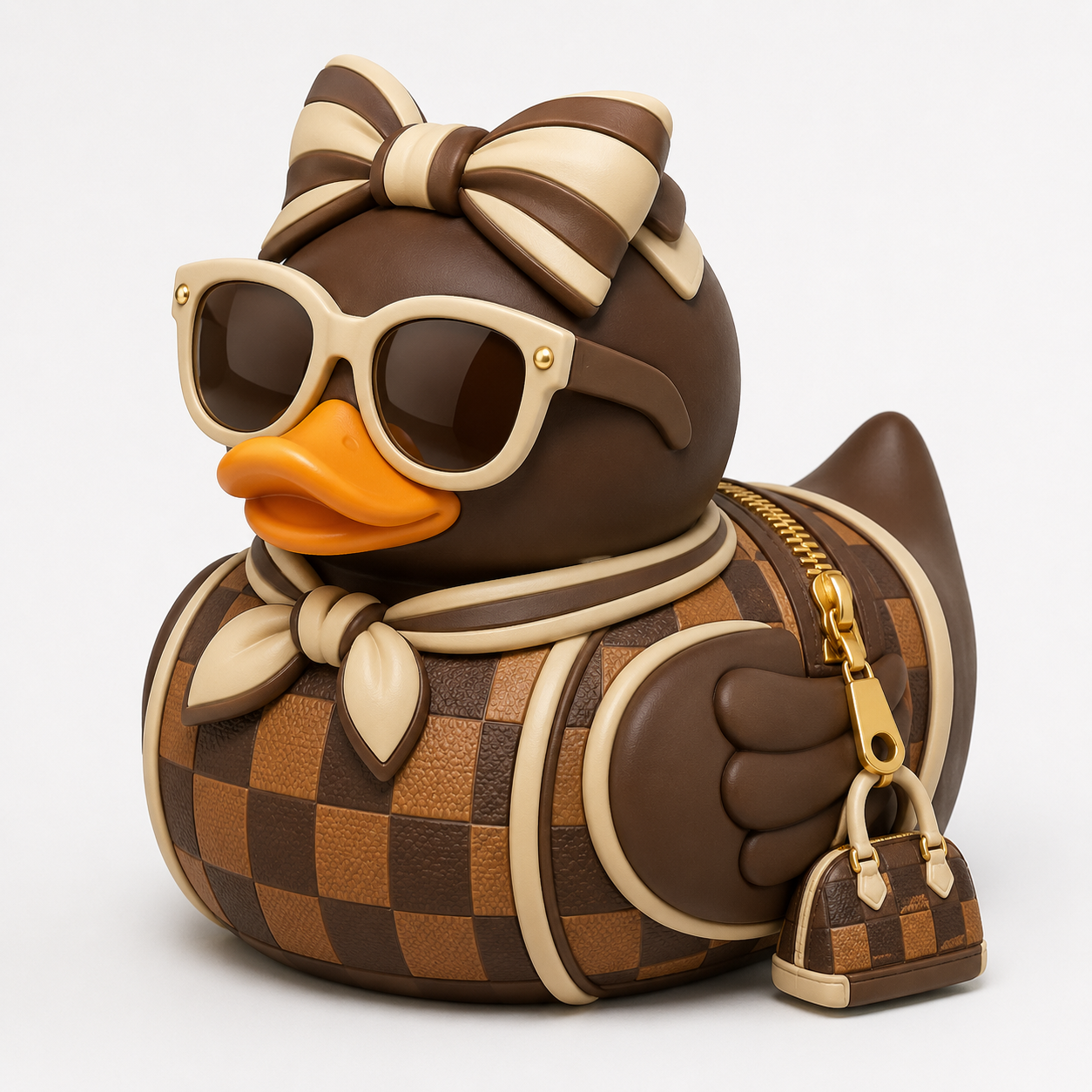 Louis Vuitton style rubber duck with brown checkered print, bow headband, sunglasses and miniature designer handbag