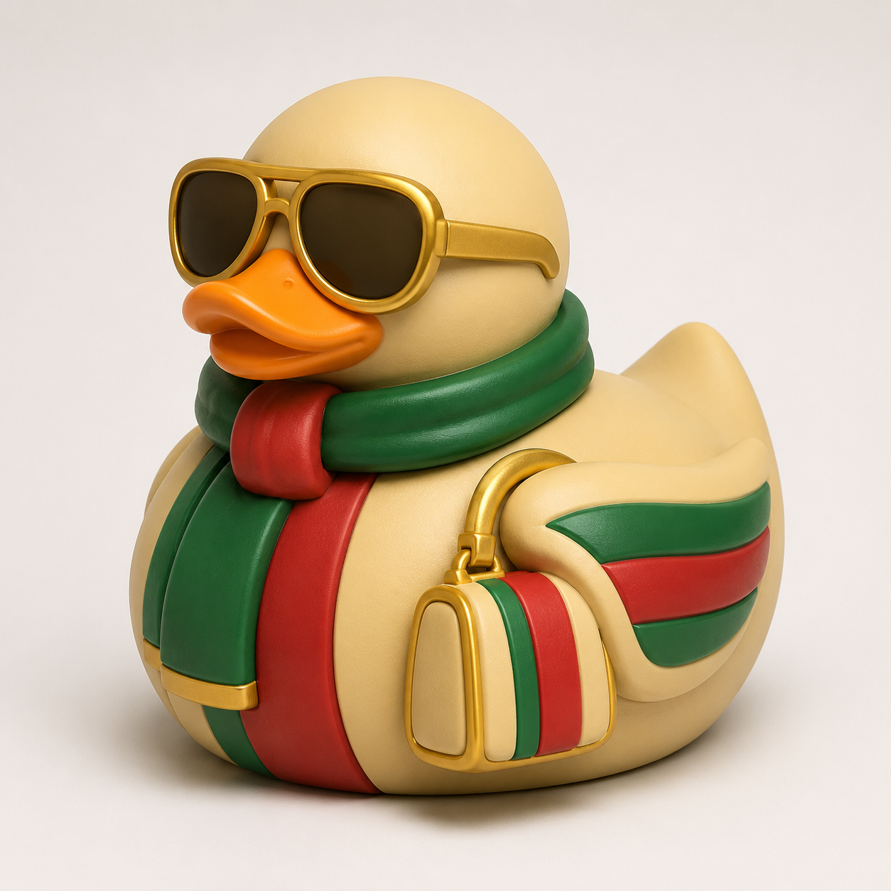 Gucci-style rubber duck with gold aviator sunglasses, green and red stripe scarf and designer handbag