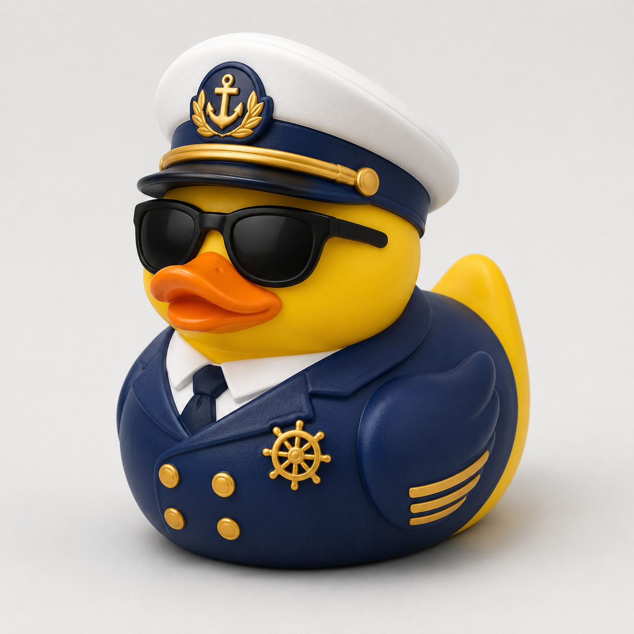 Navy captain rubber duck in uniform with gold anchor hat and ship wheel emblem