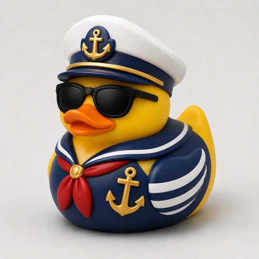 Sailor rubber duck in navy uniform with gold anchor and captain's hat