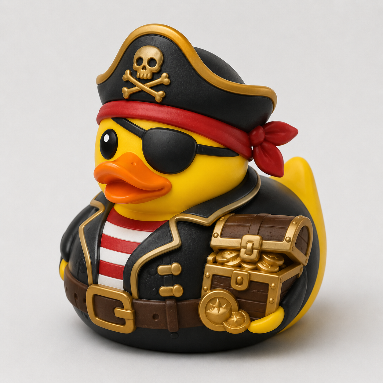 Pirate rubber duck with skull and crossbones hat and treasure chest
