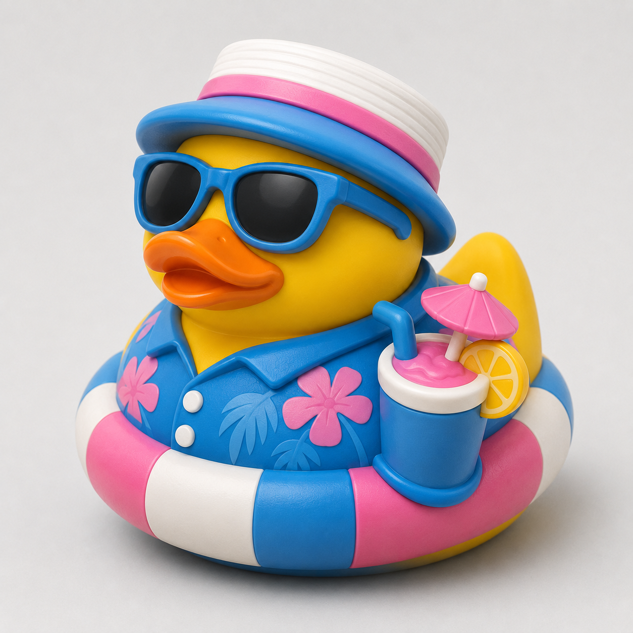 3D printed pool float rubber duck with swim ring and tropical cocktail