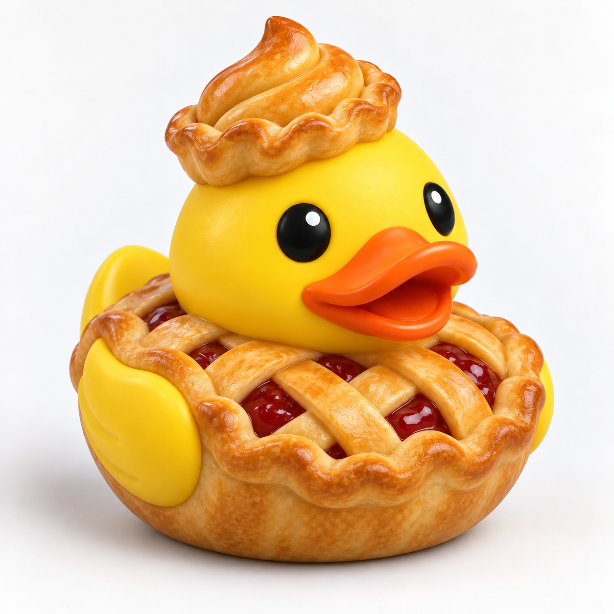 Yellow duck in a golden lattice pie crust with red filling and a swirled pastry topper