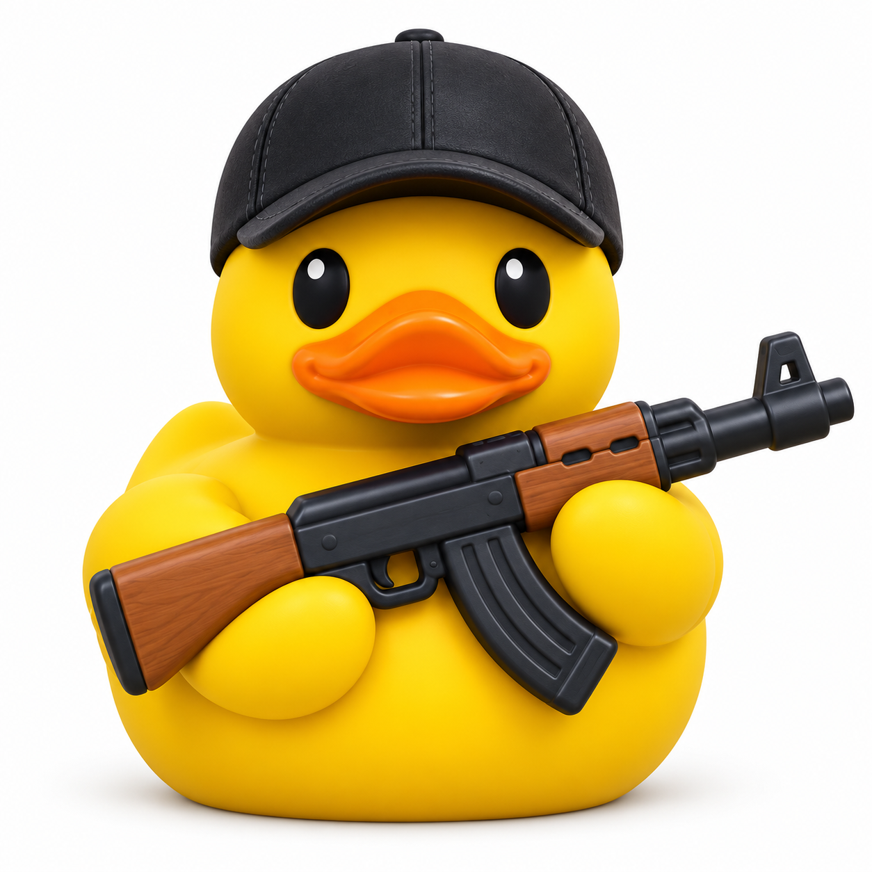 Yellow duck figurine wearing a black cap and holding a black and brown rifle-shaped accessory