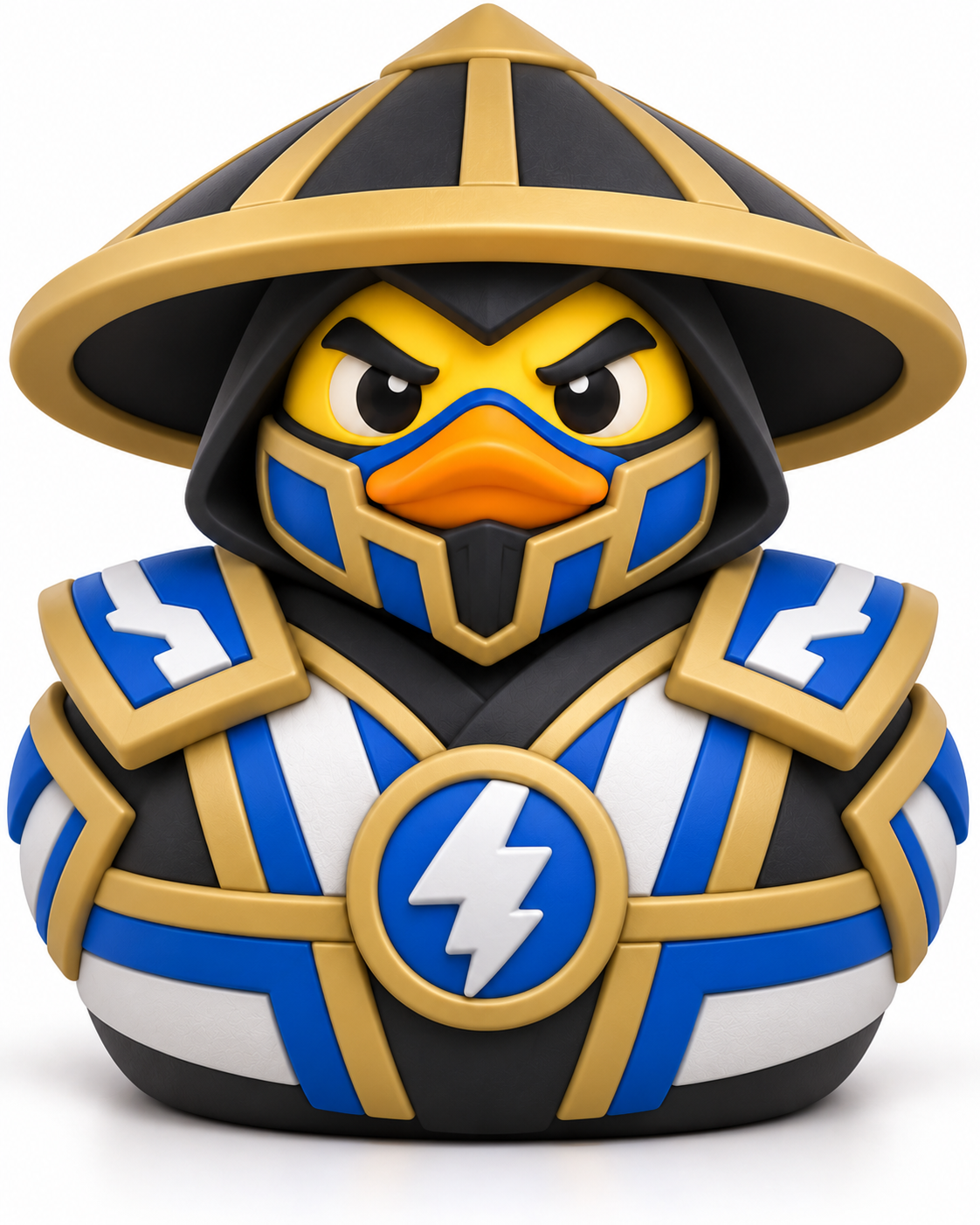 Yellow duck wearing a black-and-gold wide-brimmed hat and blue-and-white armor with lightning-bolt details