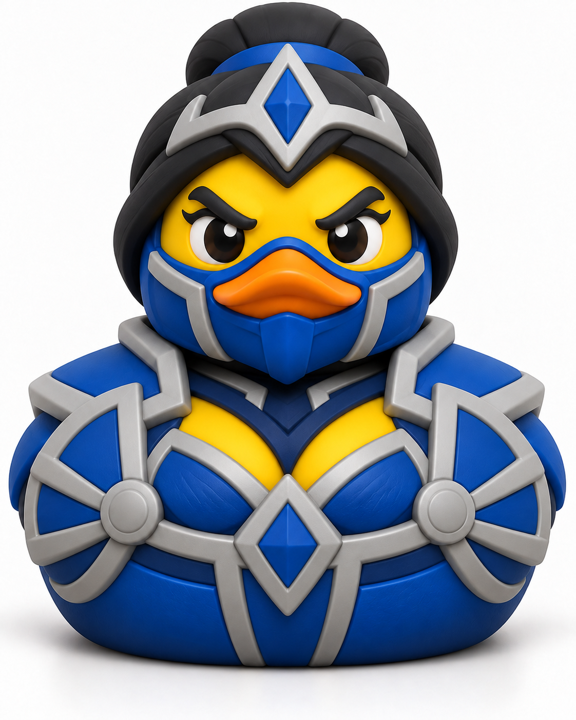 Yellow duck with black hair in a bun, blue face covering, and blue armor with silver-colored trim