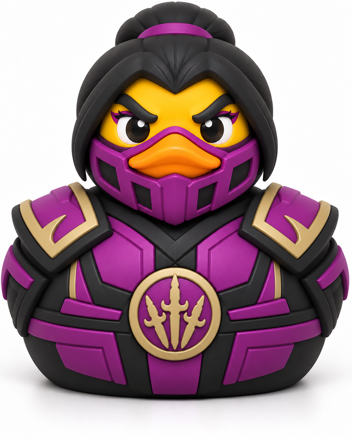 Yellow duck with black hair in a bun, purple face covering, and purple-and-black armor with gold-colored accents