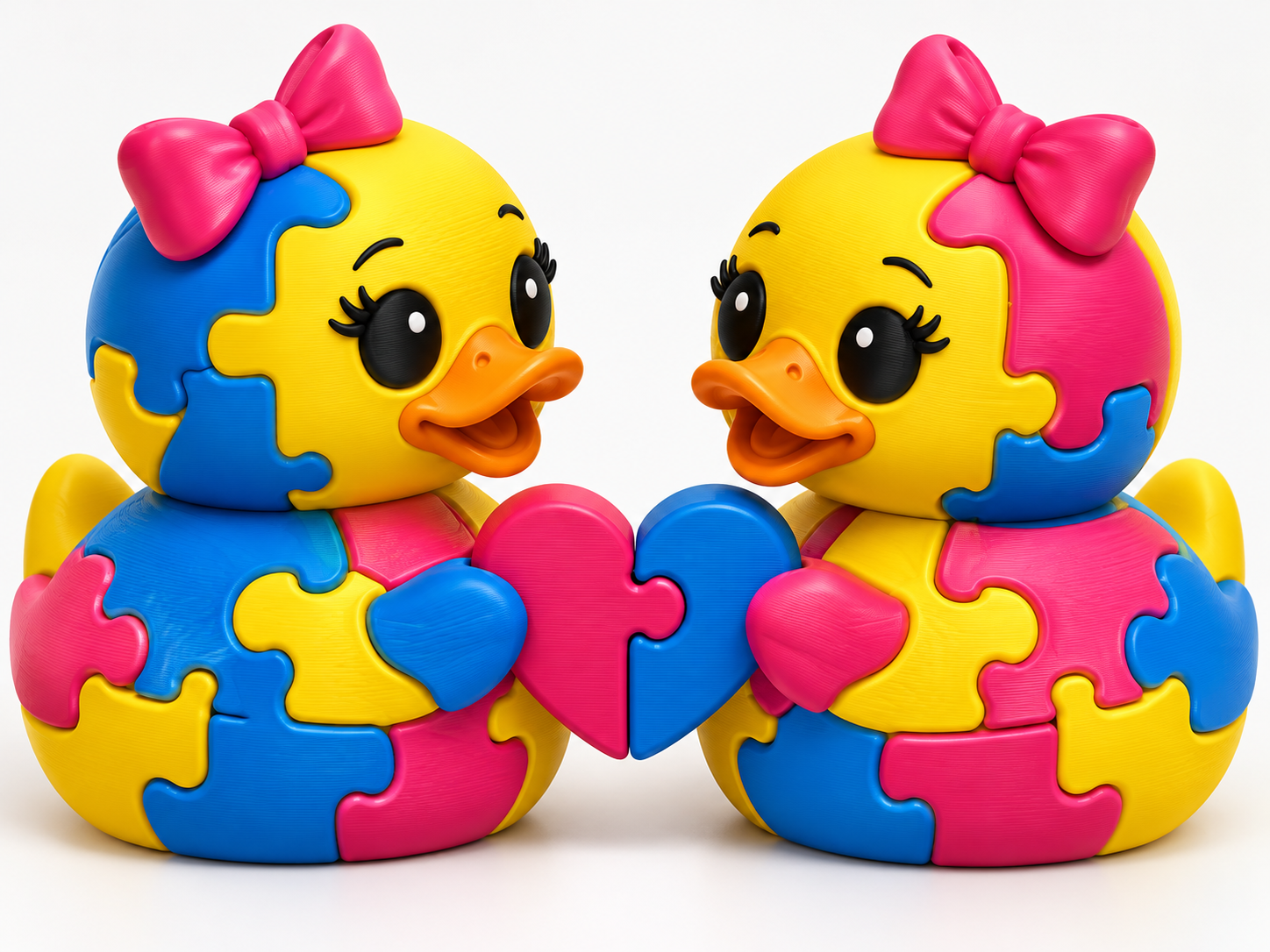 Two pink, blue, and yellow puzzle-piece ducks with pink bows holding a matching heart