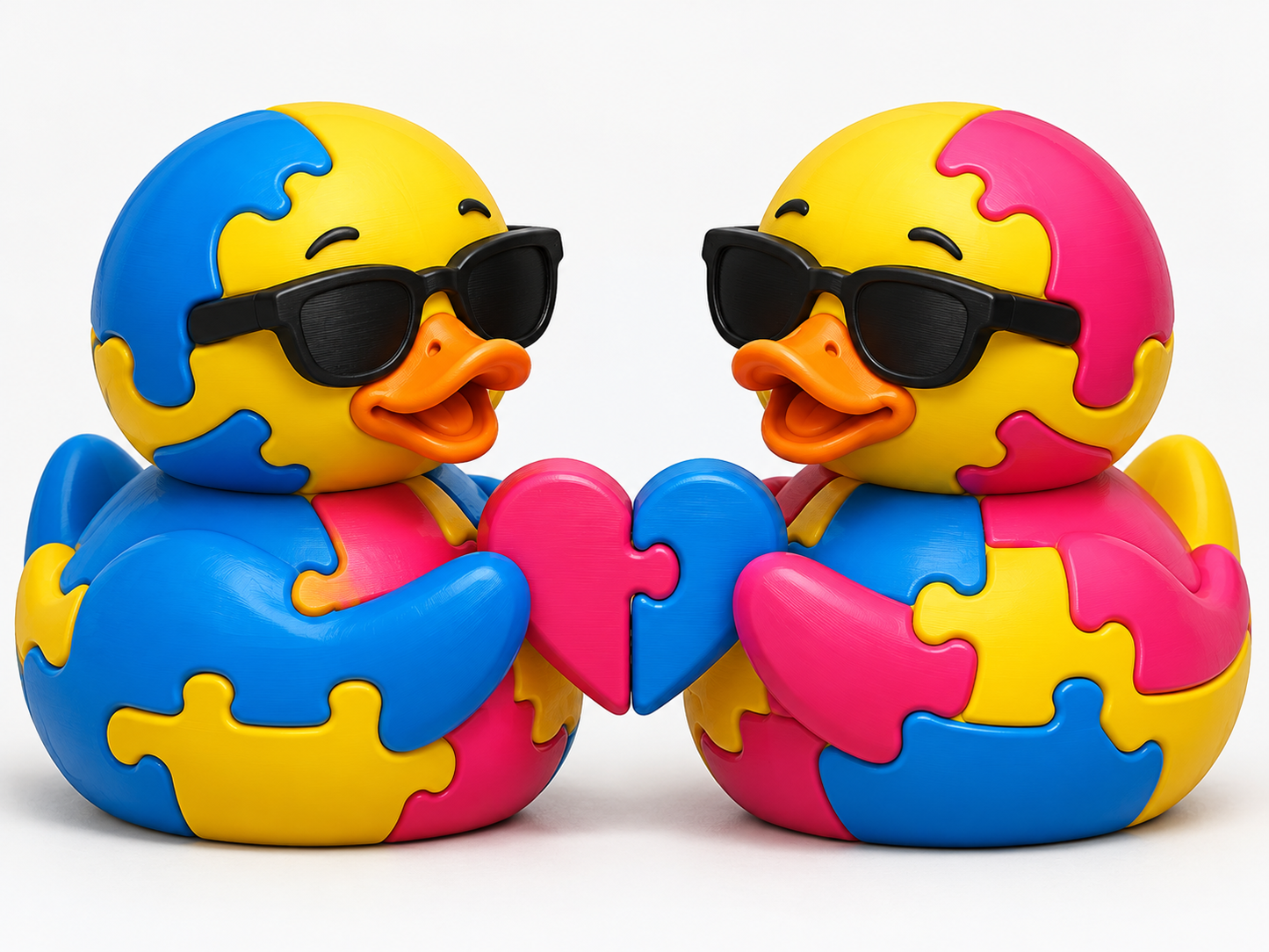 Pink, blue, and yellow puzzle-piece duck pair wearing black sunglasses and holding a two-color heart