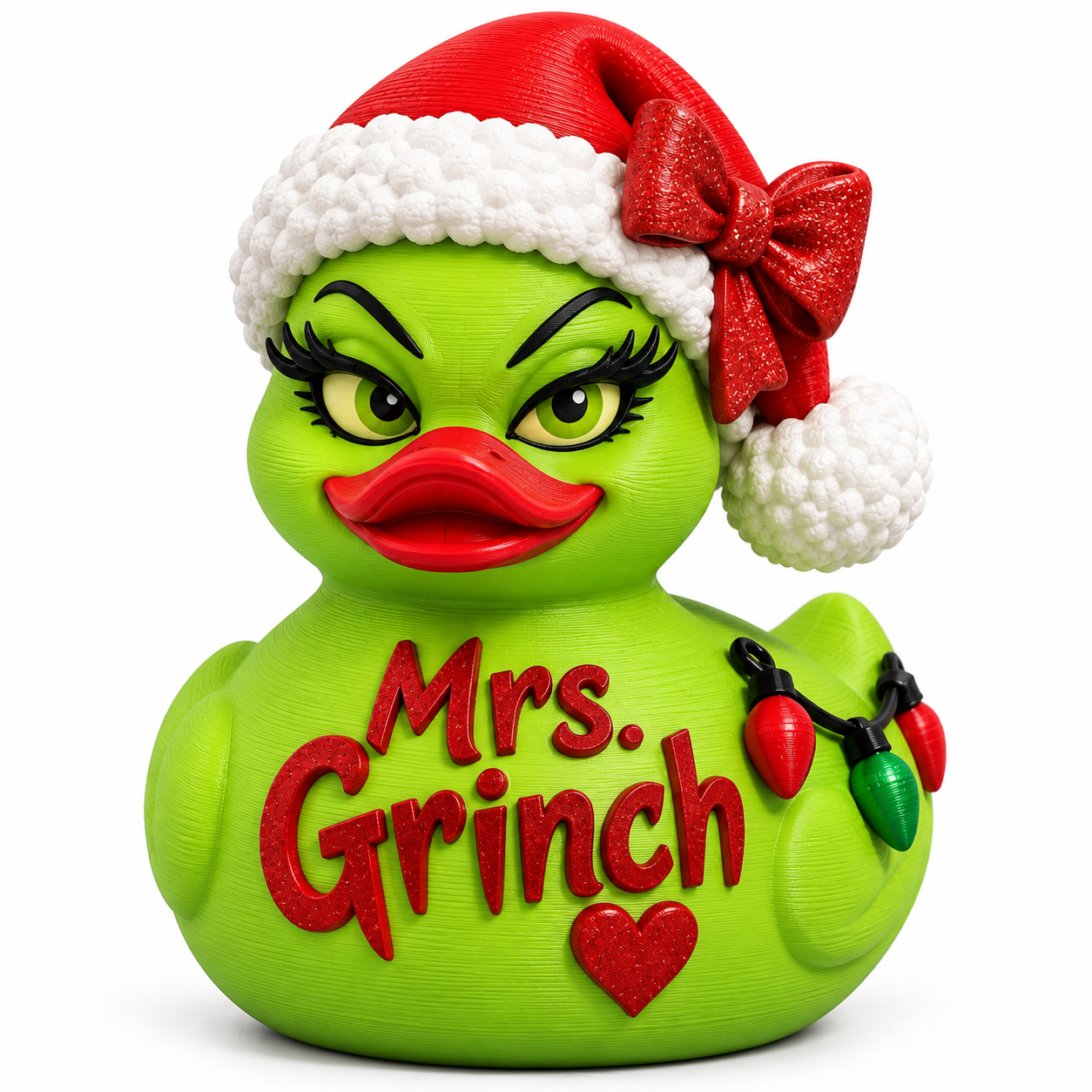 Front view of green holiday duck with Santa hat, red bow, festive lights, and red heart