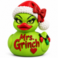 Front view of green holiday duck with Santa hat, red bow, festive lights, and red heart