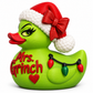 Side view of green holiday duck showing red bow, Santa hat, and festive light details
