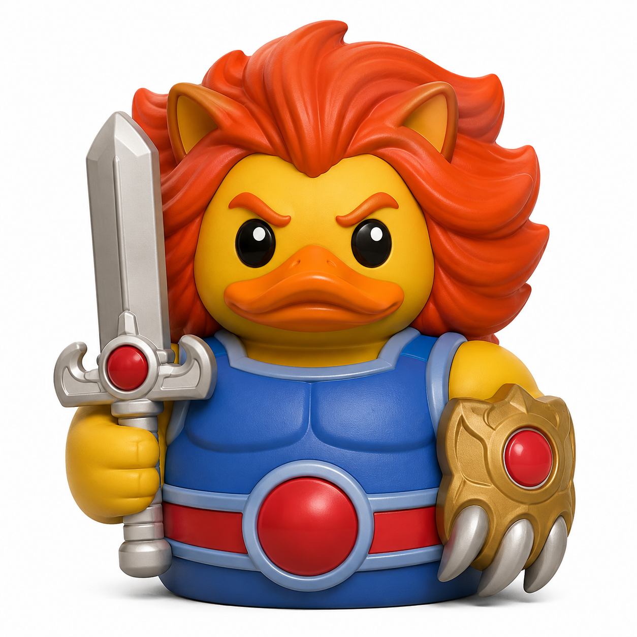 3D printed duck with a red mane wearing blue armor and holding a sword and shield