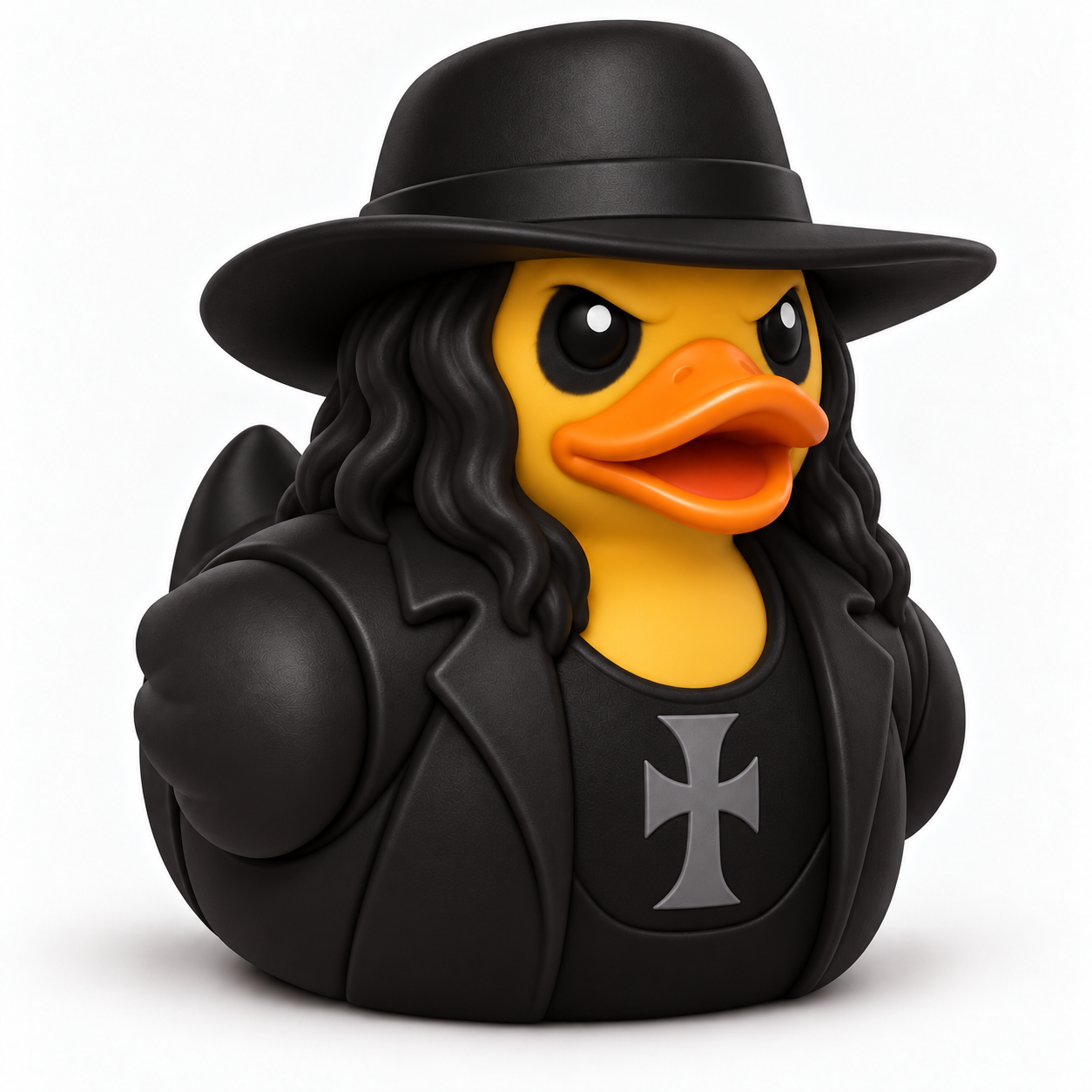 3D printed duck in a long black coat and wide-brim black hat with a silver emblem