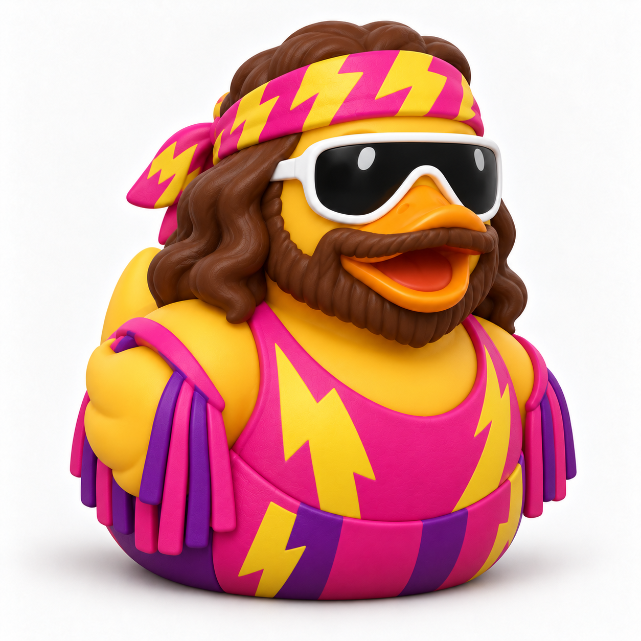 3D printed duck in a neon pink and yellow lightning bolt tank top, headband, and sunglasses