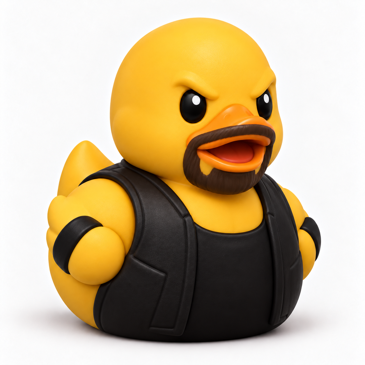 3D printed duck with a goatee wearing a black vest and wristbands