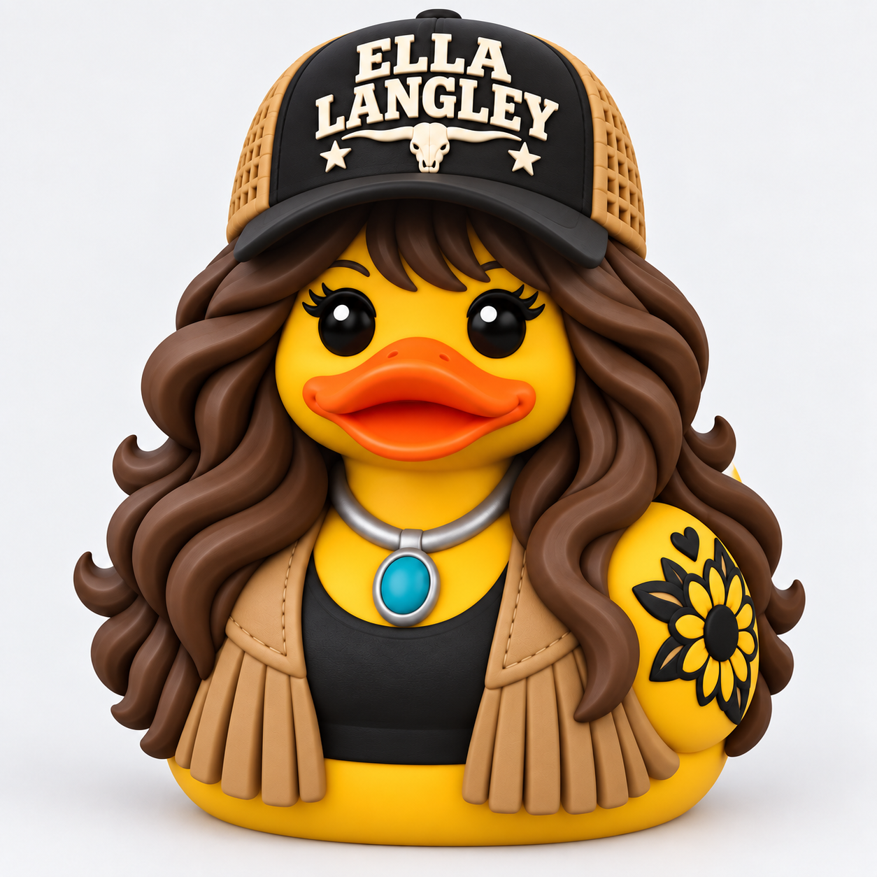 Country glam 3D printed duck with a black and tan trucker hat, wavy brown hair, fringe vest, and turquoise pendant