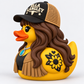 Side view of a country glam 3D printed duck with long wavy hair and floral accent detail