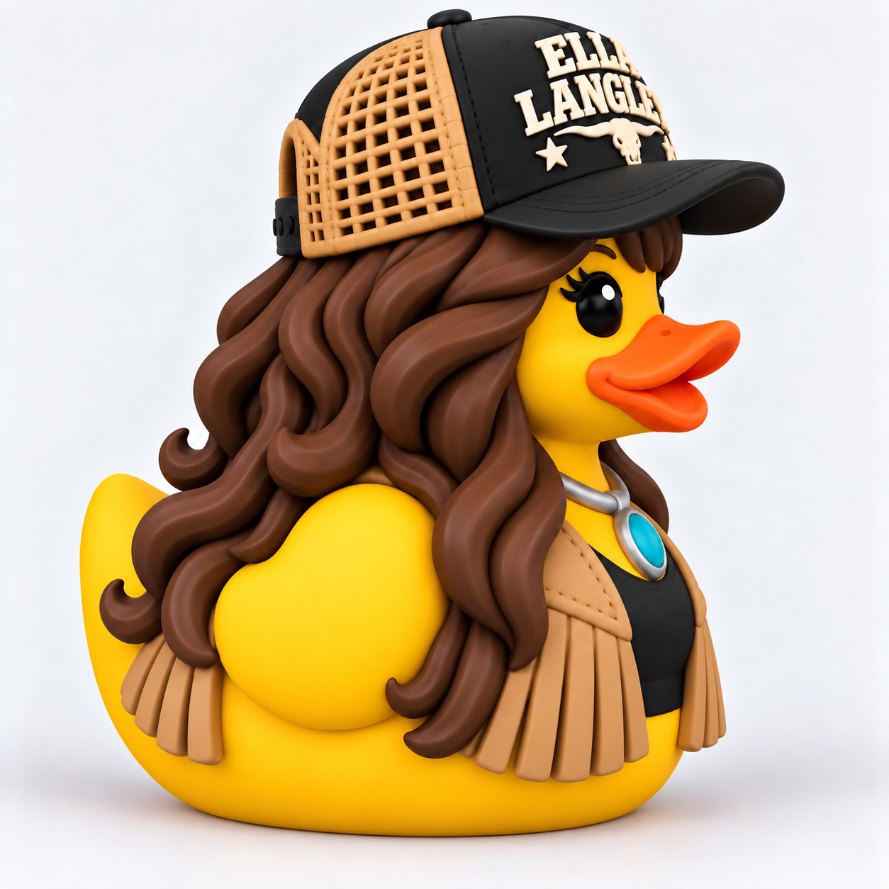 Alternate view of a country glam 3D printed duck with a hat, wavy hair, and fringe vest