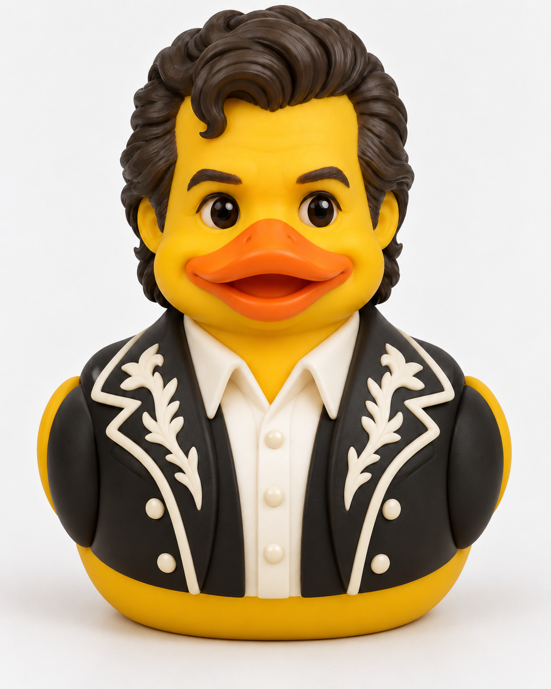 Yellow duck figurine with swept-back brown hair and a black western-style jacket with white trim