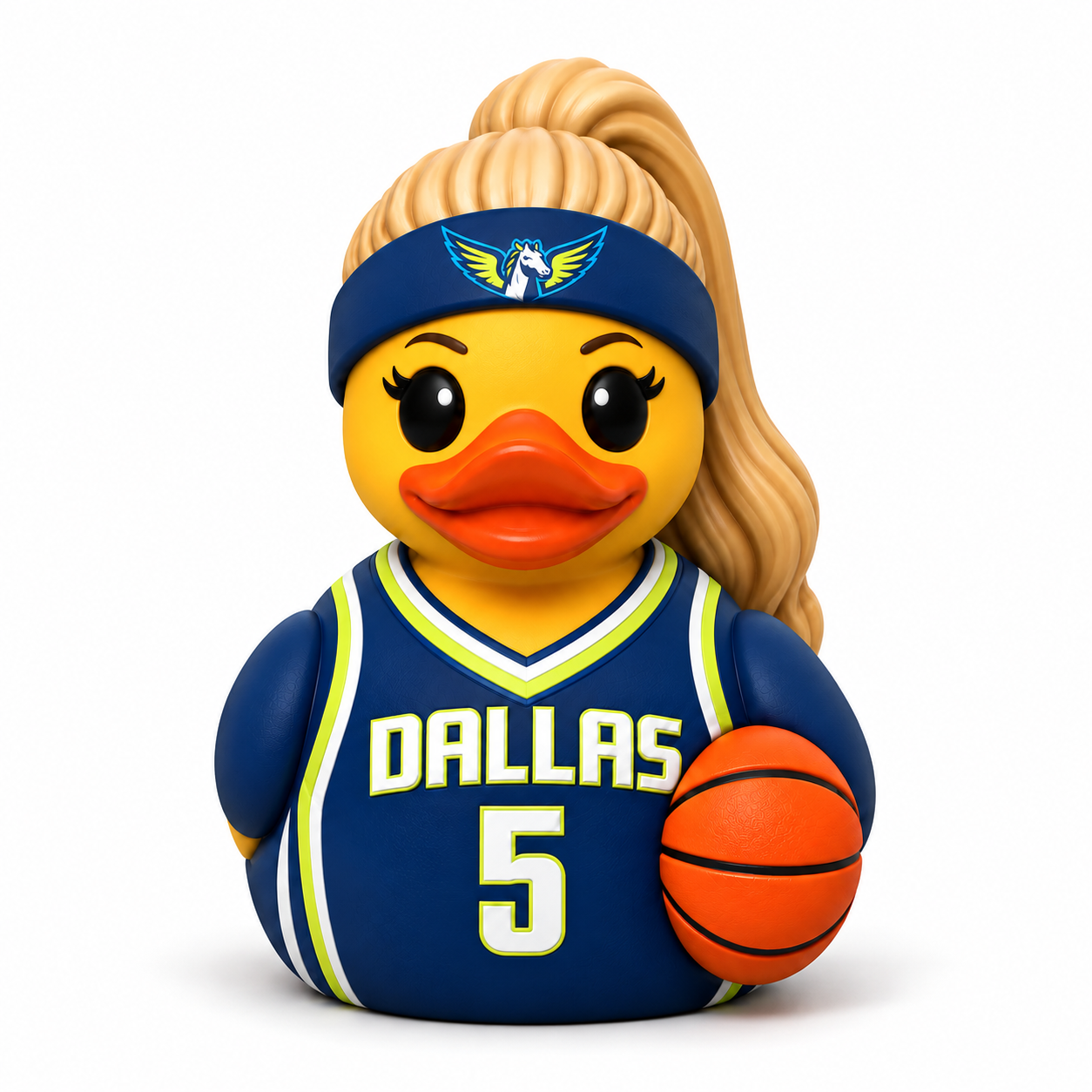 Basketball duck with blonde ponytail, blue headband, navy outfit, and orange basketball