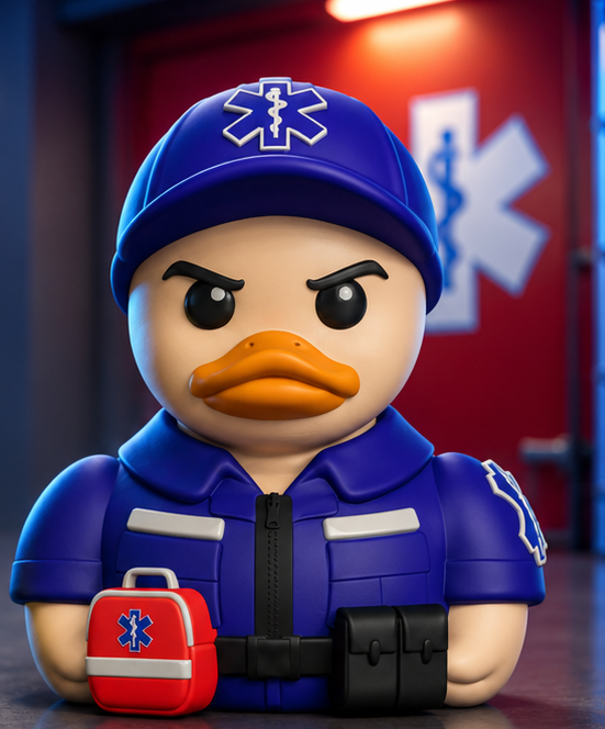 EMT Paramedic Duck in blue uniform with Star of Life cap and medical kit