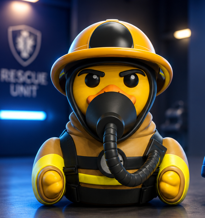 Firefighter Jeep Duck front view with helmet and gas mask