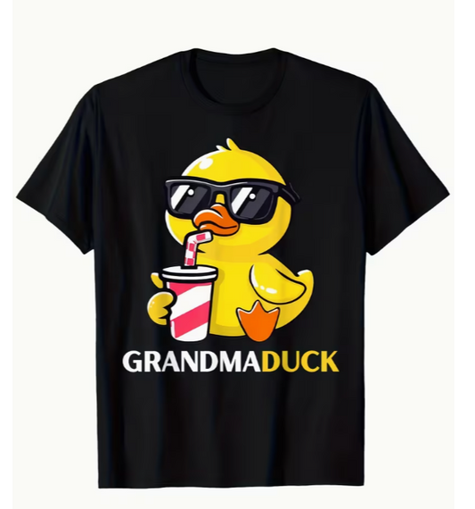 Black T-shirt featuring a yellow duck in sunglasses holding a striped drink with GRANDMADUCK text