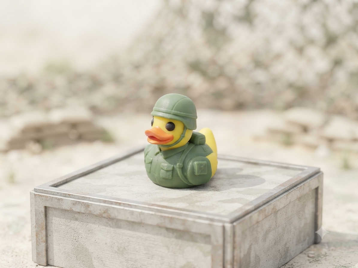 3D printed army soldier duck with olive green helmet and tactical jacket on a military crate display