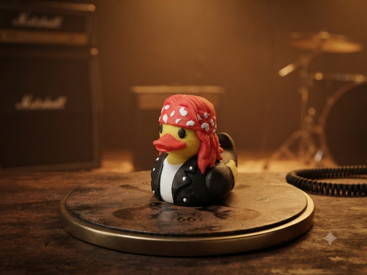 3D printed Axl Rose duck with red bandana, rocker hair, and studded leather jacket on a stage-themed display