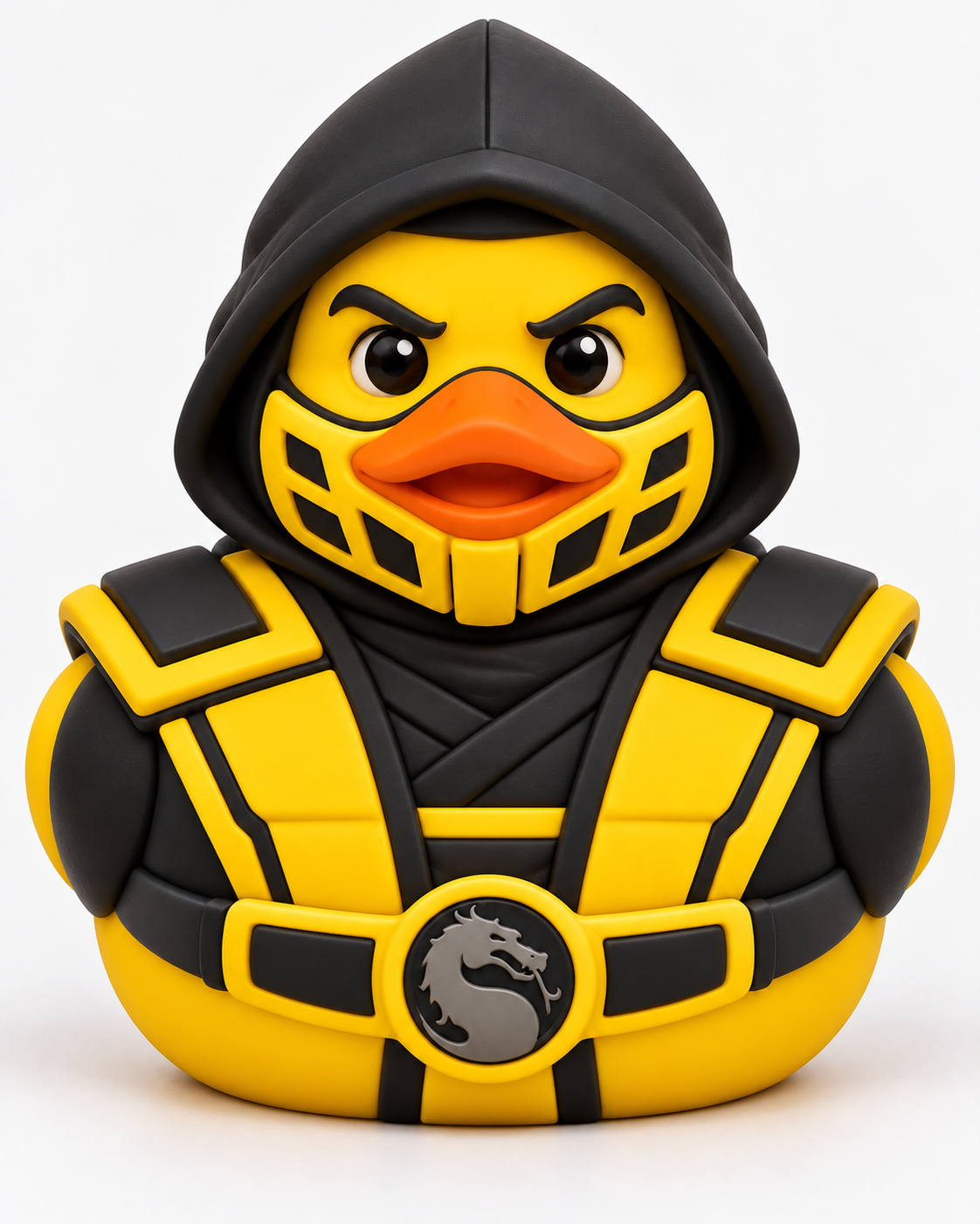 Yellow duck in a black hood and yellow-and-black armor with a round dragon-decorated belt medallion