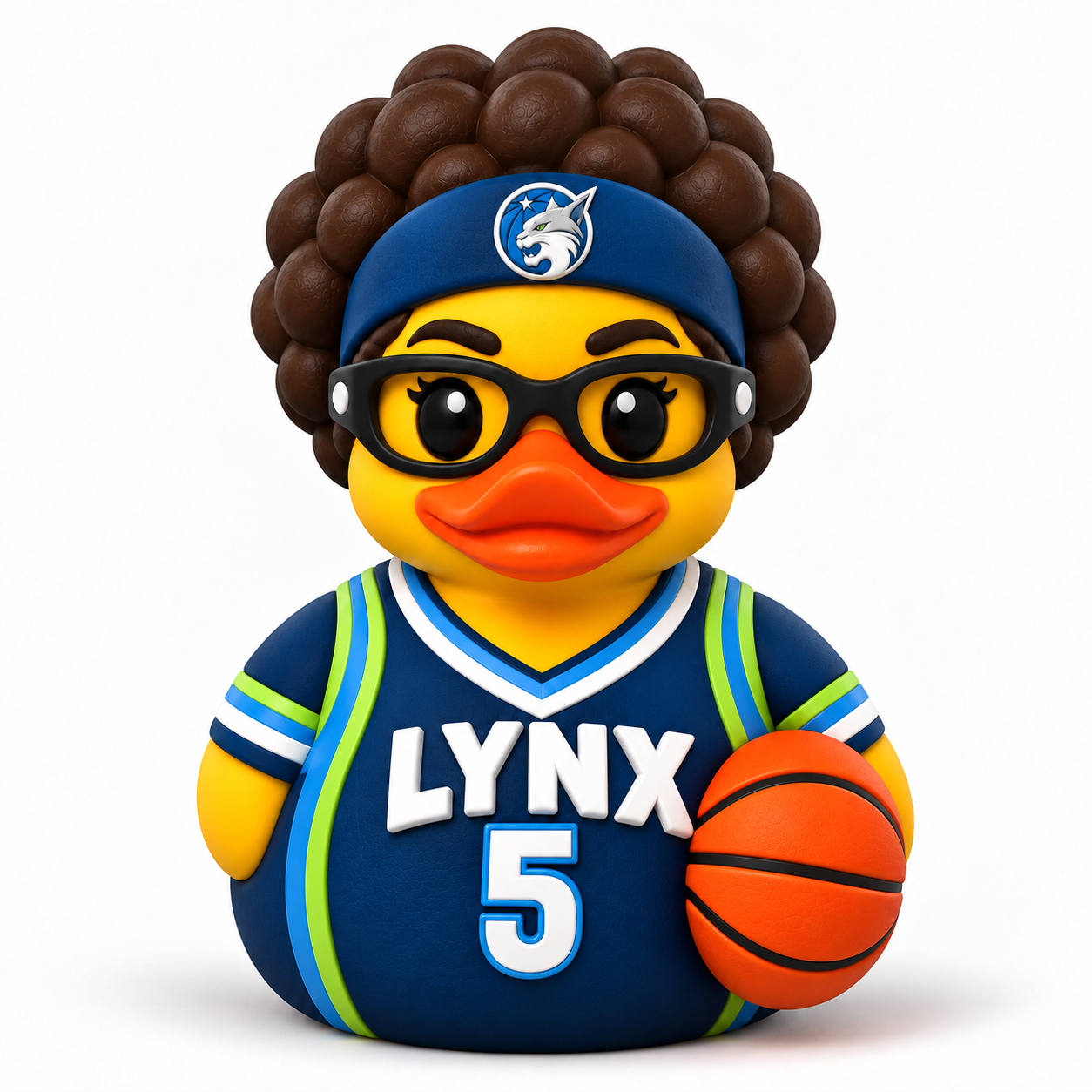 Basketball duck with curly brown hair, black glasses, blue uniform, and orange basketball