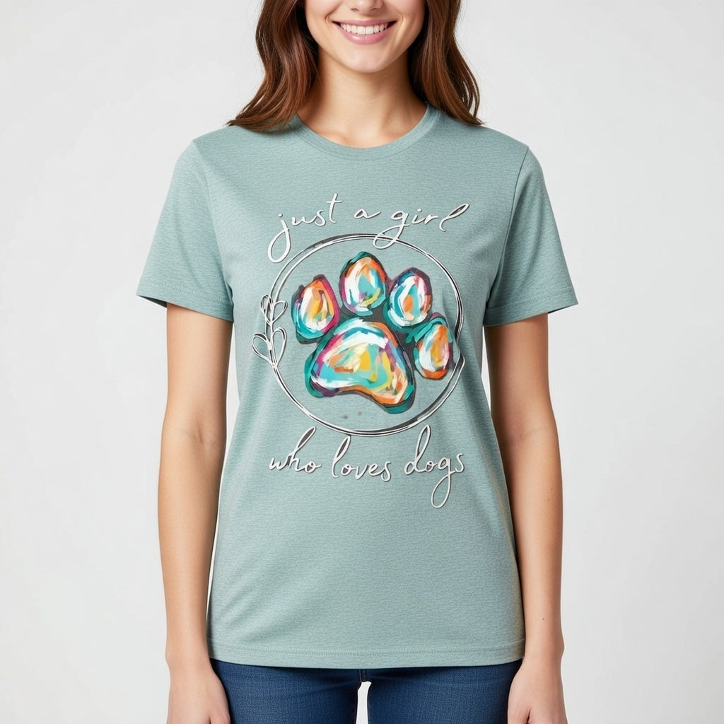 Just a Girl Who Loves Dogs – Colorful Paw Print Tee