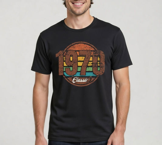 1970 Classic – Retro Sunset Stripe Vintage Tee