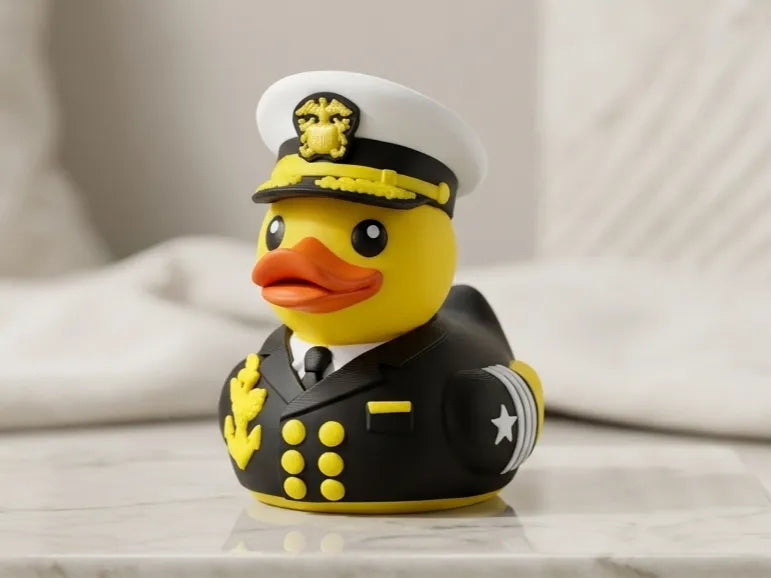 Yellow rubber duck dressed as a naval captain with black uniform, gold buttons, and white captain's hat