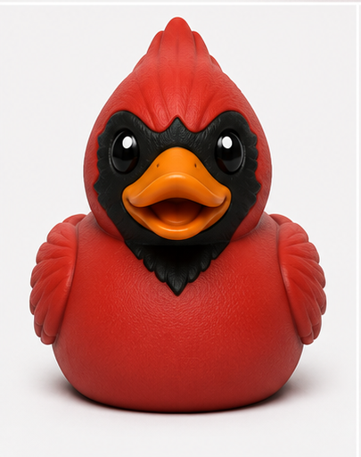 3D printed cardinal duck with brilliant red plumage, black mask, and signature crest