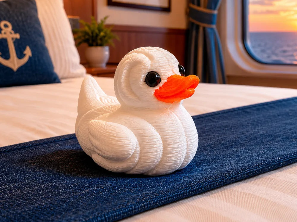 Classic white 3D printed rubber duck with orange beak on a nautical blue and white bed