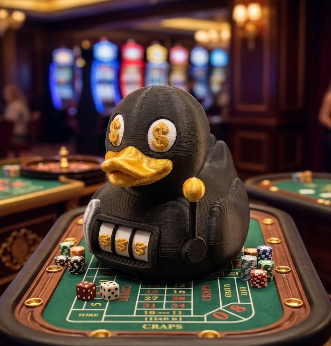 Black 3D printed casino rubber duck with dollar sign eyes, gold beak, and slot machine chest on a craps table