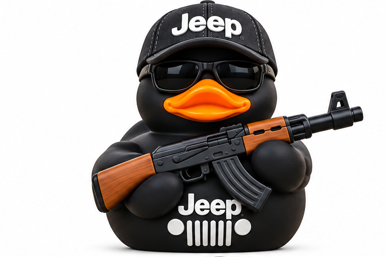 Black duck figurine wearing a cap and sunglasses and holding a rifle-shaped accessory
