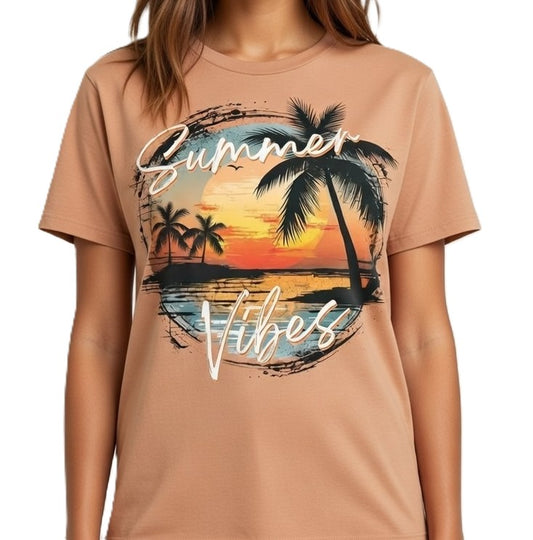 Summer Vibes – Tropical Sunset Palm Tree Tee